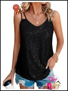 Sequin V Neck Tank Top Sleeveless Sparkly Party Club Disco Concert Top